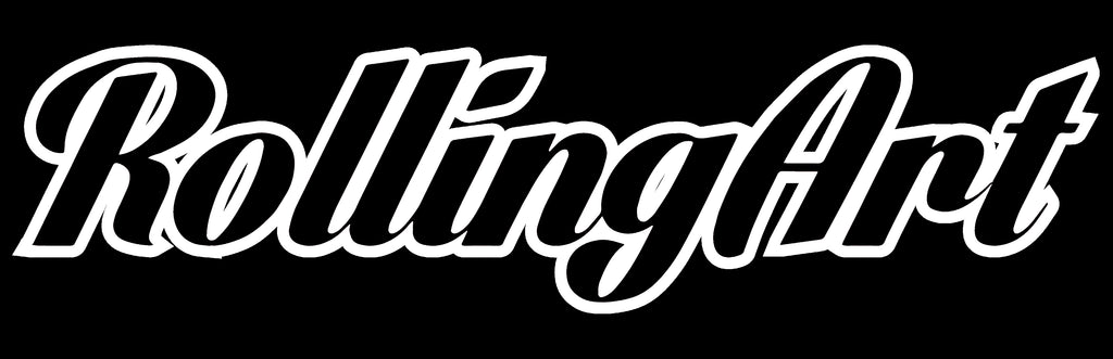 White RollingArt lettering shown against a black background